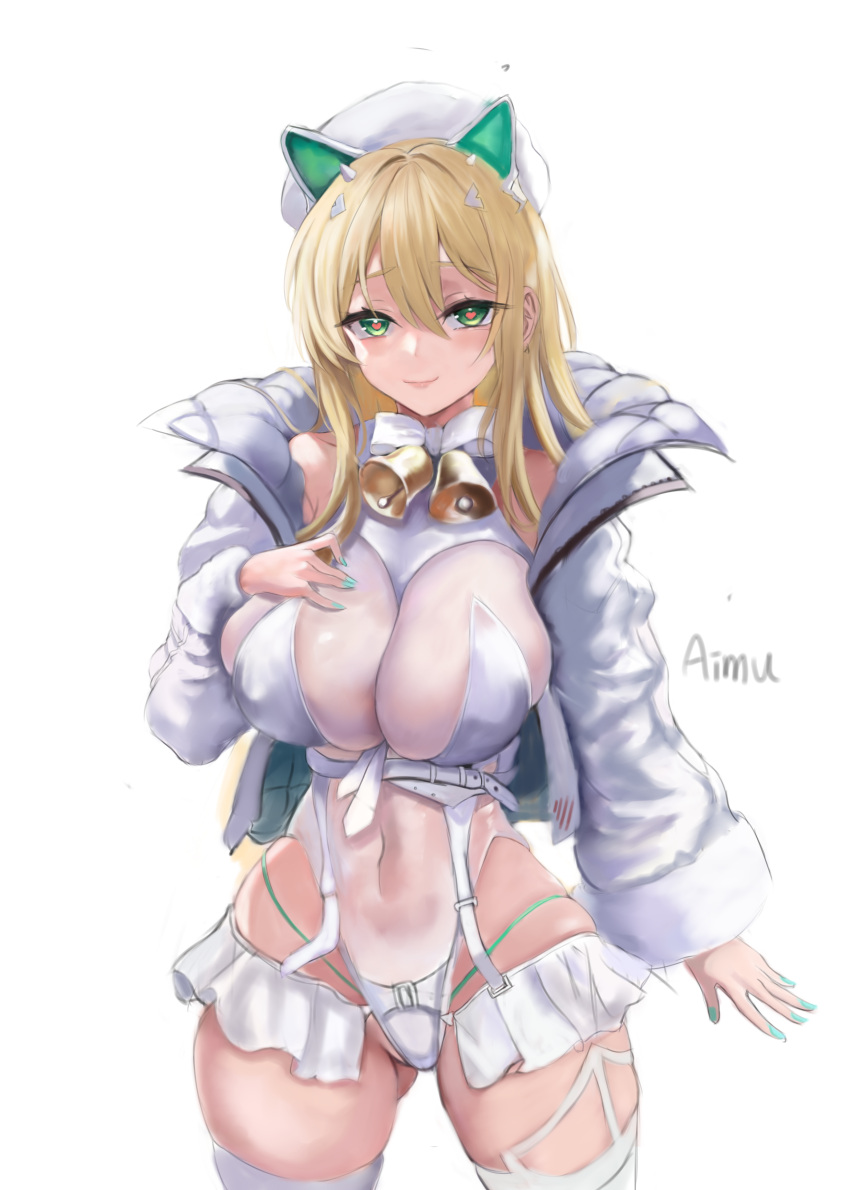 absurdres aimu_(angry9565) animal_ears artist_name bell blonde_hair breasts cleavage closed_mouth covered_erect_nipples cowboy_shot cropped_jacket fake_animal_ears female fur-trimmed_headwear fur-trimmed_sleeves fur_trim gluteal_fold goddess_of_victory:_nikke green_eyes green_nails green_panties hair_between_eyes hair_intakes hair_ornament heart heart-shaped_pupils highres jacket jingle_bell large_breasts leotard light_blush long_hair nail_polish neck_bell open_clothes open_jacket panties rupee_(nikke) rupee_(winter_shopper)_(nikke) see-through see-through_cleavage simple_background skindentation smile solo string_panties symbol-shaped_pupils thighhighs underwear white_background white_jacket white_leotard white_thighhighs