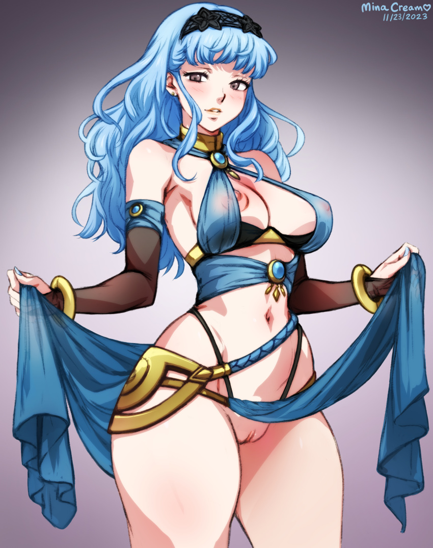 1girls absurdres alternate_costume bare_shoulders bare_thighs black_hairband blue_hair blush bracelet braid breasts bridal_gauntlets brown_eyes cleavage clothes_lift cosplay covered_nipples crown_braid dancer dorothea_arnault dorothea_arnault_(cosplay) dorothea_arnault_(plegian) dorothea_arnault_(plegian)_(cosplay) female female_only fire_emblem fire_emblem:_three_houses fire_emblem_heroes fire_emblem_warriors:_three_hopes fully_clothed gloves hair_ornament hairband highres jewelry large_breasts lifted_by_self long_hair looking_at_viewer marianne_von_edmund minacream navel nintendo nipple_slip official_alternate_hairstyle parted_bangs pelvic_curtain pelvic_curtain_lift plegian presenting pussy see-through simple_background smile solo thick_thighs thighs wavy_hair wide_hips