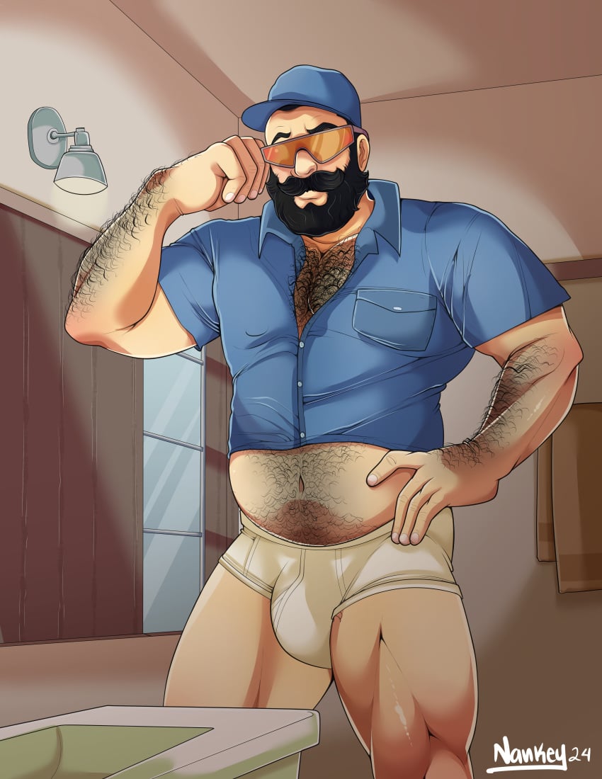 1boy bara barazoku beard big_bulge briefs bulge clothing facial_hair flaccid foreman_spike gay hairy hairy_arms hairy_chest huge_bulge male male_focus male_only male_pubic_hair manly mario_(series) moustache muscular_male nankey nintendo penis_outline solo solo_male super_mario_bros._(2023_film) underwear wrecking_crew yaoi