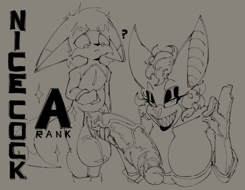 ? cleavage female furry garbageboxxxed grin holding_penis huge_balls huge_breasts huge_cock kitsunami_the_fennec looking_at_viewer male rouge_the_bat sega sharp_teeth sketch sonic_(series) sonic_the_hedgehog_(comics)