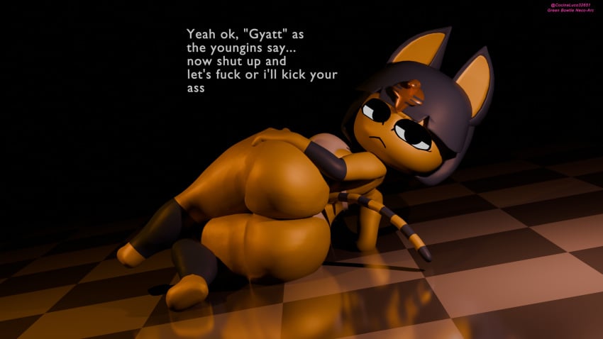 3d animal_crossing ankha ankha_(animal_crossing) anthro back_view big_ass big_breasts blender_(software) checkered_floor cocinaluco32651 dialogue seductive seductive_look tagme tail