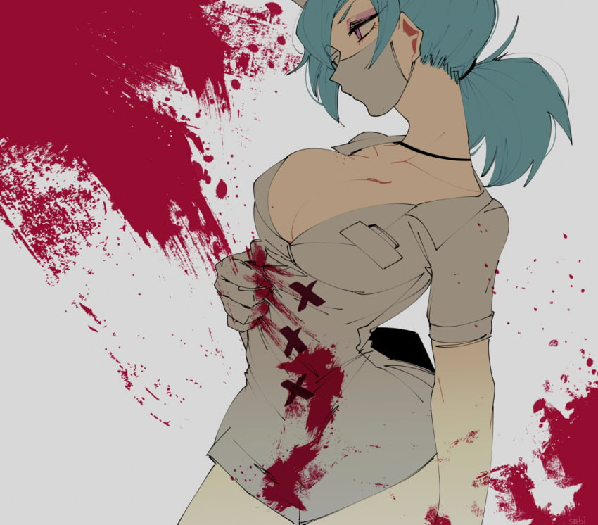 bandage_over_one_eye blood blood_on_clothes blood_splatter blue_hair breasts cleavage enisabi eyepatch eyeshadow female gloves grey_background hat jewelry large_breasts latex latex_gloves makeup mask mouth_mask necklace nurse nurse_cap pale_skin ponytail purple_eyes red_eyes sabi simple_background skullgirls solo surgical_mask valentine_(skullgirls)