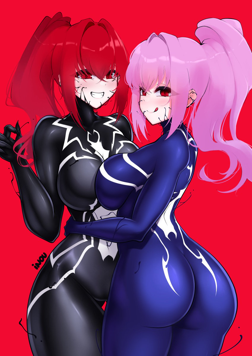 2024 2girls alien artist_name artist_signature ass azera_(rikatsuky) big_breasts bodysuit breast_squeeze breast_squish corruption goo goo_creature inou_(artist) latex latex_suit living_clothes looking_at_viewer marvel oc pink_hair ponytail red_eyes red_hair she-venom spider-man_(series) symbiote tagme thalaria_(rikatsuky) tight_clothing transformation venom venom_(marvel)