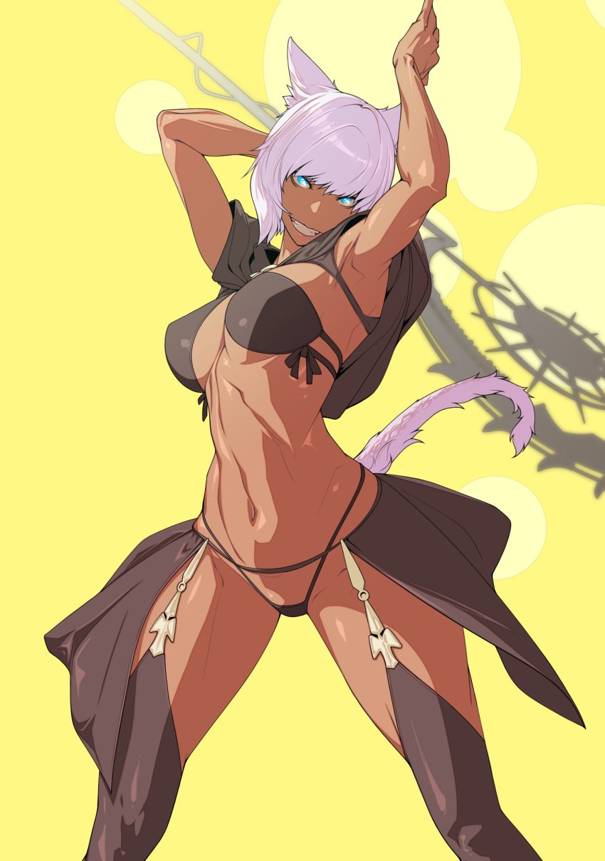 1female black_bra black_panties blue_eyes bra cat_ears cat_tail clothed clothing dark-skinned_female dark_skin erection female female_only final_fantasy_xiv grin grinning grinning_at_viewer hi_res high_resolution highres legs legwear miqo'te muscular muscular_female nude orgasm orgasm_face panties staff thick_thighs thighs tomoyuki_kotani voluptuous weapon wear wearing_others_clothes white_hair