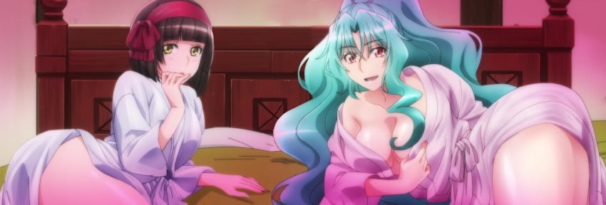 2girls bed bedroom big_breasts black_hair blue_hair clothed covering_face ed-orter edited kimono long_hair looking_at_viewer mio mio_(tsuki_ga_michibiku_isekai_douchuu) red_eyes screenshot seductive short_hair thick_thighs tomoe tomoe_(tsuki_ga_michibiku_isekai_douchuu) tsuki_ga_michibiku_isekai_douchuu yellow_eyes