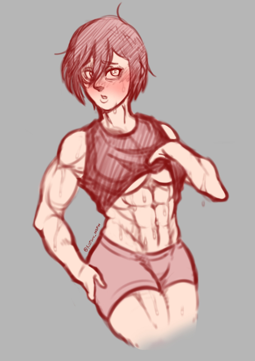 abs attack_on_titan blush gym_shorts katsuu_nsfw mikasa_ackerman muscular_female post_workout shingeki_no_kyojin sketch sweat sweatdrop sweating sweaty_body tagme