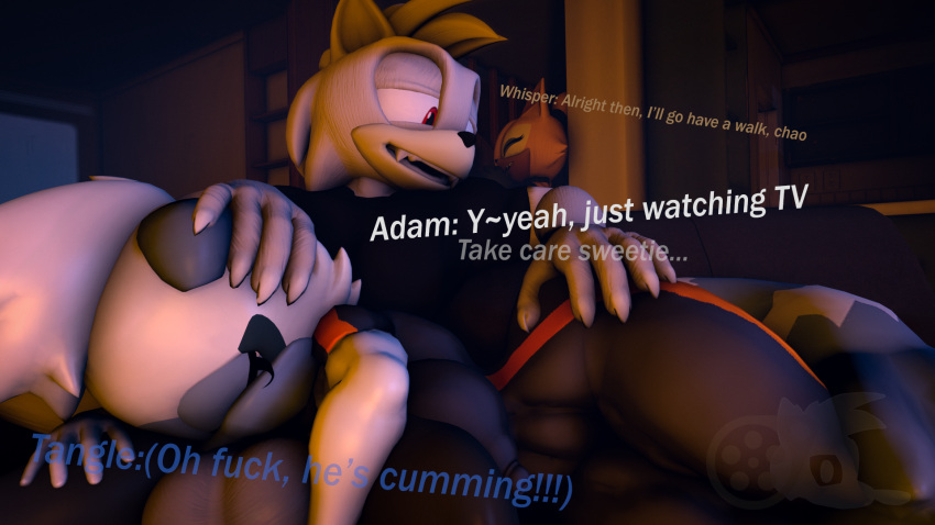 3d adam_(juicyducksfm) anthro big_penis black_clothing black_shirt black_topwear bodily_fluids bottomwear brown_body brown_skin canid canine canis clothed clothing couch_sex cum cum_in_mouth cum_inside deep_throat dialogue duo embarrassed fan_character fellatio female forced forced_oral fur furniture genital_fluids genitals hand_on_head hand_on_leg hand_on_thigh hi_res idw_publishing juicyducksfm lemur living_room looking_at_another lying male male/female mammal muscular muscular_male night nipples_outline on_side oral oral_penetration pants penetration penile penis primate red_eyes sega sex shirt sofa sonic_(series) sonic_the_hedgehog_(comics) sonic_the_hedgehog_(idw) sonic_the_hedgehog_(series) source_filmmaker strepsirrhine tangle_the_lemur topwear tracksuit watching_tv whisper_the_wolf white_body white_fur wolf yellow_body yellow_fur