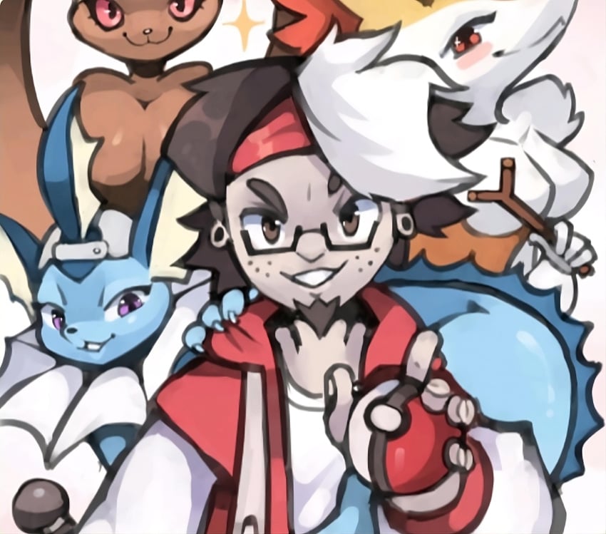 1boy 3girls artyarney big_breasts black_sclera blue_body blush braixen breasts brown_body brown_hair bunny bunny_ears bunny_girl canine claws earrings eeveelution featureless_breasts fox fox_ears fox_girl freckles generation_1_pokemon generation_4_pokemon generation_6_pokemon glasses lagomorph looking_at_viewer lopunny medium_breasts microphone multicolored_body orange_eyes orange_fur paws pink_eyes pokémon_(species) pokeball pokemon pokemon_(species) pokemon_dppt pokemon_rgby pokemon_xy purple_eyes simple_background sparkles stick teeth the_chalkeaters vaporeon vaporeon_rapper white_fur white_hair