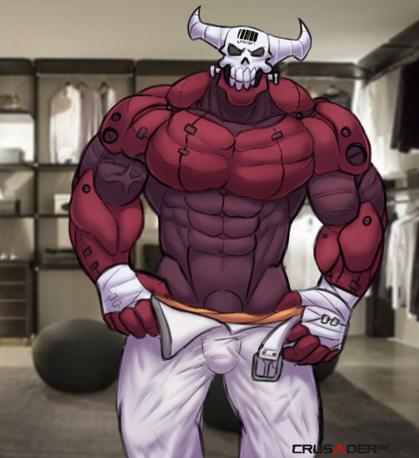 1boy 2021 abs bandage bara barcode biceps black_eyes bottomwear bulge bulge_through_clothing crusader1080 demon demon_boy feet_out_of_frame gay helltaker horn horned_humanoid horns indoors male male_only muscular muscular_male pecs penis penis_bulge penis_peek red_body red_skin shirtless shirtless_male signature six_pack skull skull_head skull_mask solo solo_male subject_67_(helltaker) undressing