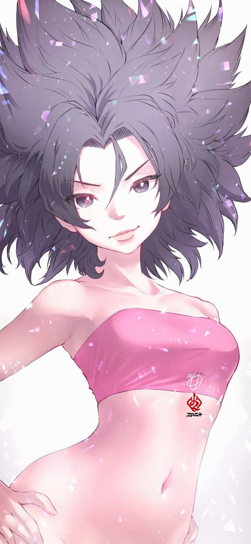 absurdres bandeau bare_shoulders black_eyes black_hair bottomless caulifla collarbone dragon_ball dragon_ball_super female hands_on_own_hips highres kanchiyo navel no_panties no_pants out-of-frame_censoring pink_tubetop smile solo spiked_hair stomach