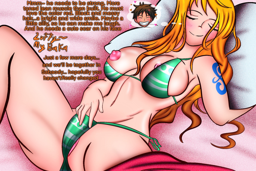 1girls anus ass big_ass big_breasts bikini blush breasts_insertion female female_only fingering fingering_self fingers flores huge_ass huge_breasts lipstick_mark long_hair looking_down moaning monkey_d_luffy nami one_piece orange_hair penetration pillow_shading pre-timeskip sleeping striped_bikini tattoo text vaginal_masturbation vaginal_penetration