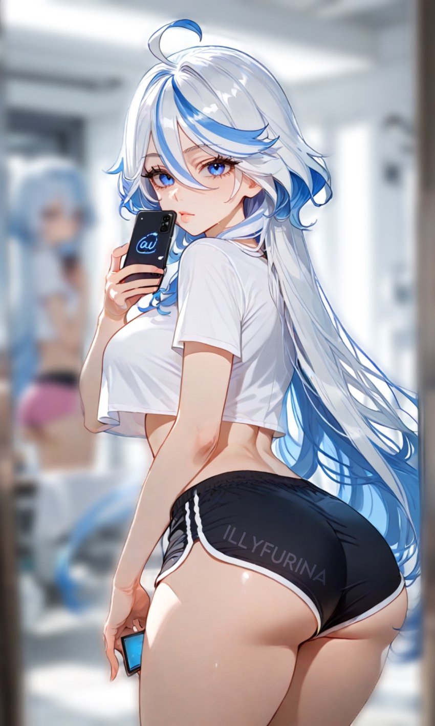 1girl ai_generated ass ass_focus bangs bangs_over_eyes big_ass big_butt blue_eyes blue_hair female female_focus female_only from_behind from_behind_position furina_(genshin_impact) genshin_impact hair_ornament illyfurina light-skinned_female light_skin lips long_hair looking_at_viewer medium_breasts mirror mirror_reflection mirror_selfie mouth nose pale-skinned_female pale_skin pink_shorts seducing seduction seductive seductive_body seductive_eyes seductive_gaze seductive_look seductive_mouth seductive_pose shorts skinny skinny_girl stable_diffusion taking_photo taking_picture taking_selfie waifu_diffusion waist watermark white_hair white_shirt woman_focus woman_only