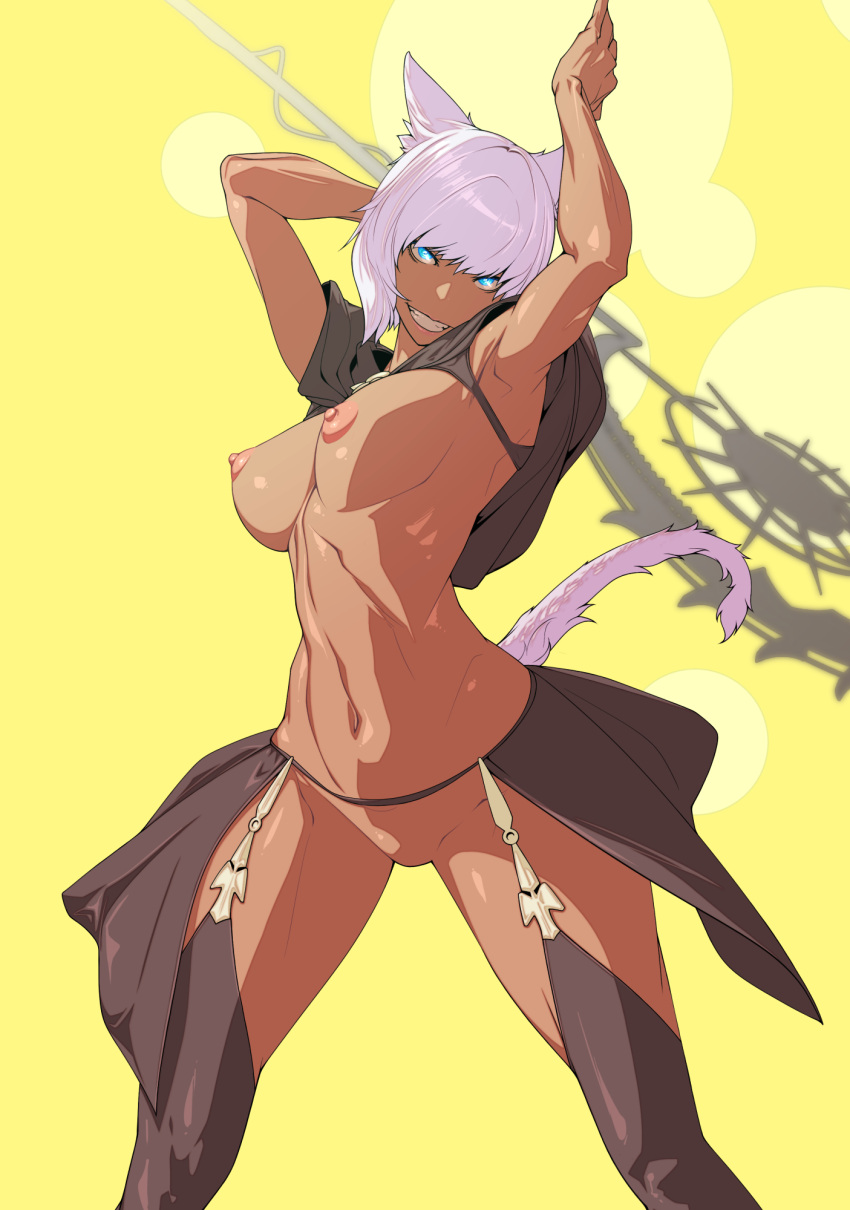 1female black_bra black_panties blue_eyes bra cat_ears cat_tail clothed clothing dark-skinned_female dark_skin female female_only final_fantasy_xiv grin grinning grinning_at_viewer hi_res high_resolution highres legs legwear miqo'te muscular muscular_female nude nude_female panties staff thick_thighs thighs tomoyuki_kotani voluptuous weapon wear wearing_others_clothes white_hair