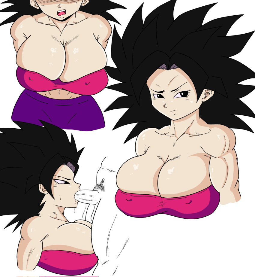 1girls alternate_breast_size black_hair blowjob breast_squish breasts caulifla dragon_ball dragon_ball_super huge_breasts lewdyartz muscular_female nipple_bulge sucking universe_6/universe_7 universe_6_girls