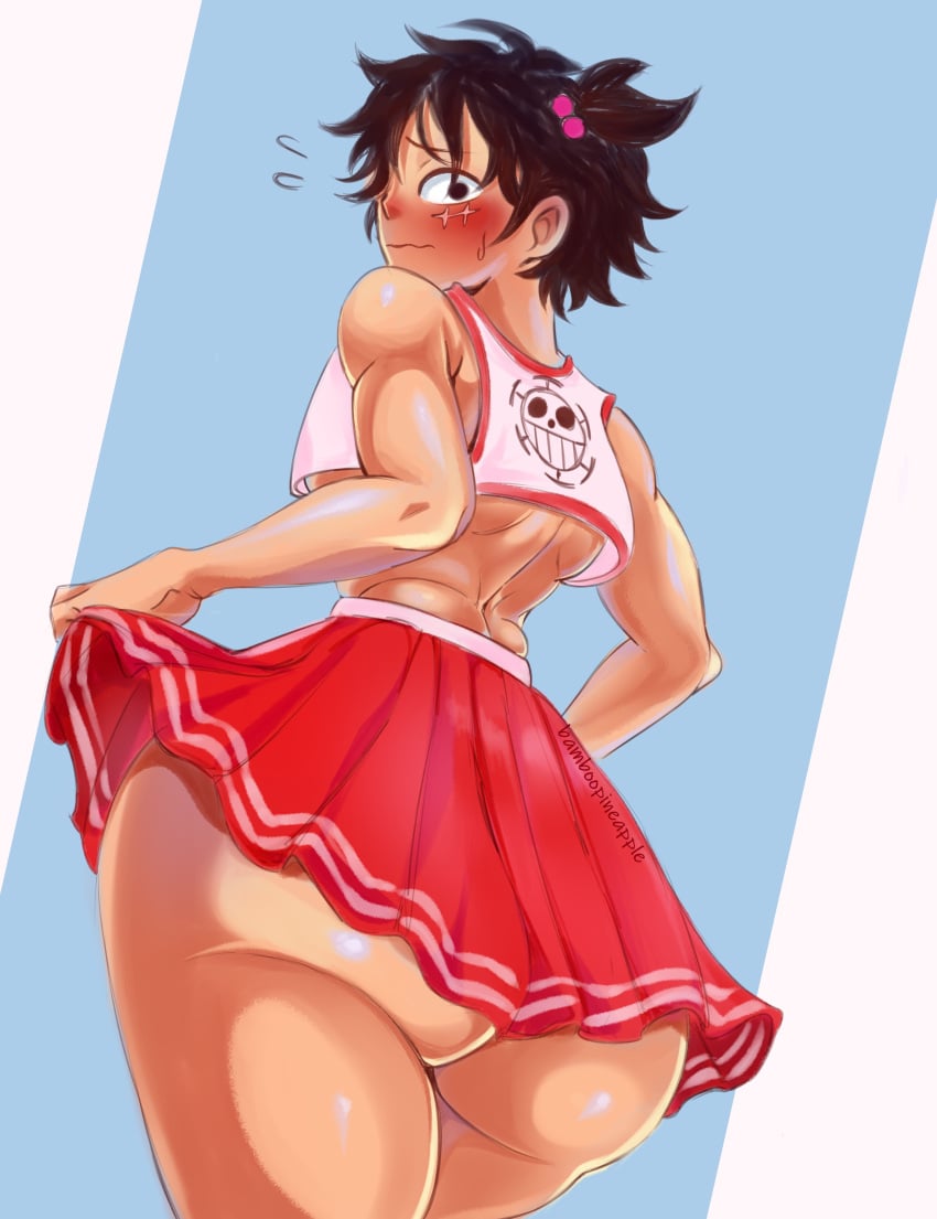 ass bamboopineapple big_ass black_hair blush bottomless embarrassed fat_ass femboy functionally_nude huge_ass looking_at_viewer male male_blushing male_only monkey_d_luffy one_piece scar scars sissy solo thick_ass thick_femboy thick_thighs trap