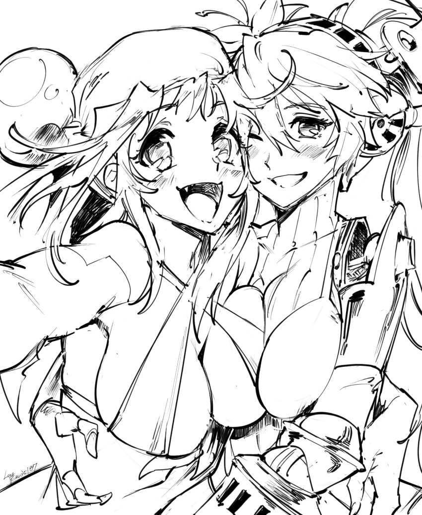 2girls android bandana breasts female high_resolution labrys_(persona) large_breasts lime_(saber_j) long_hair monochrome persona saber_marionette_j tagme