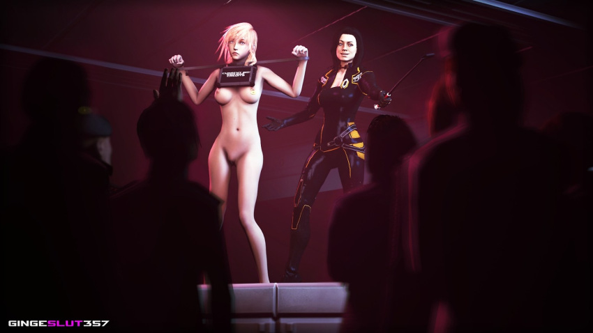 2girls 3d auction bound bound_wrists clothed_female_nude_female eclair_farron final_fantasy final_fantasy_xiii gingeslut357 mass_effect miranda_lawson nude nude_female pink_hair slave slave_auction slavegirl