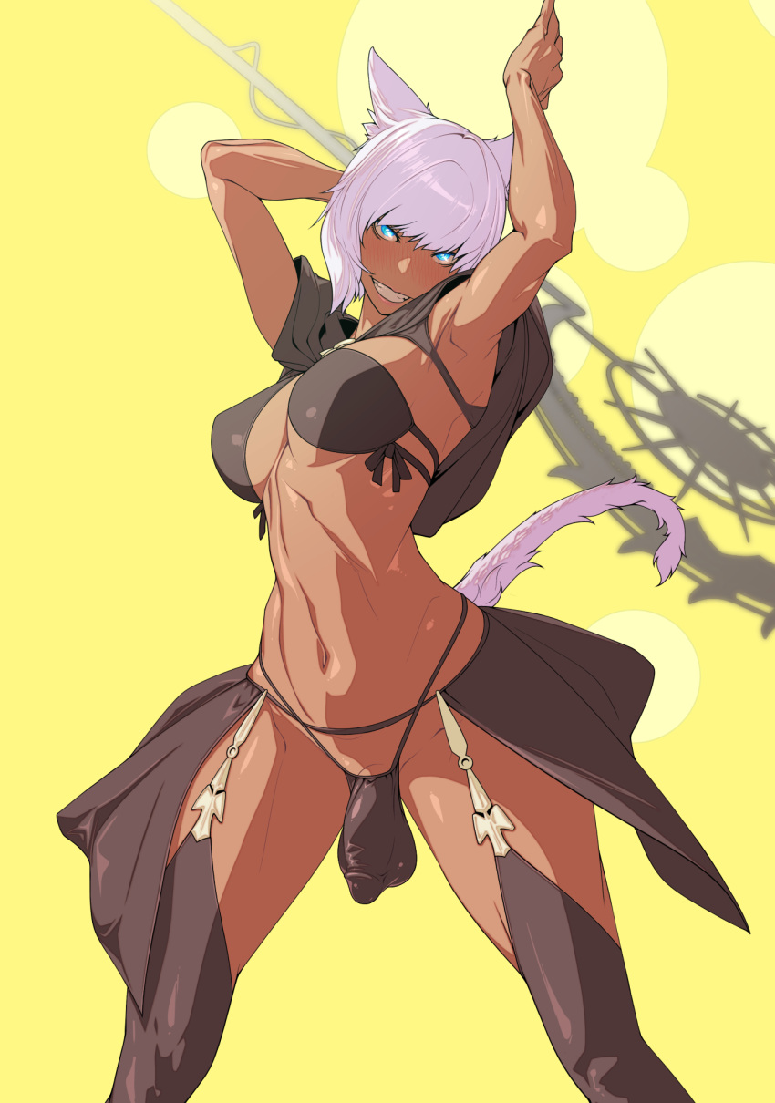 1futa animal_ears big_breasts big_penis black_bra black_panties blue_eyes bra breasts cat_ears cat_tail character_request clothed clothing dark-skinned_futa dark-skinned_futanari dark_skin final_fantasy_xiv flaccid flaccid_cock flaccid_penis futa_only futanari grin grinning grinning_at_viewer hi_res high_resolution highres humanoid humanoid_penis kemonomimi legs legwear miqo'te mostly_nude muscular muscular_futanari nude panties penis short_hair solo staff standing thick_thighs thighs tomoyuki_kotani voluptuous weapon wear wearing_others_clothes white_hair