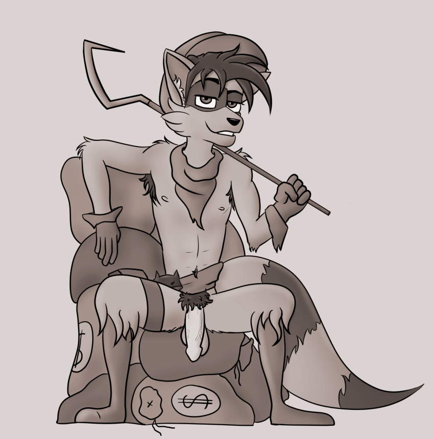 anthro anthro_only armpit_hair bandana belt body_hair flaccid genitals heist hi_res kerchief male mammal money money_bag monochrome neckerchief penis procyonid pubes raccoon sceptre sepia sly sly_cooper sly_cooper_(series) smile smirk solo sony_corporation sony_interactive_entertainment sucker_punch_productions willitfit