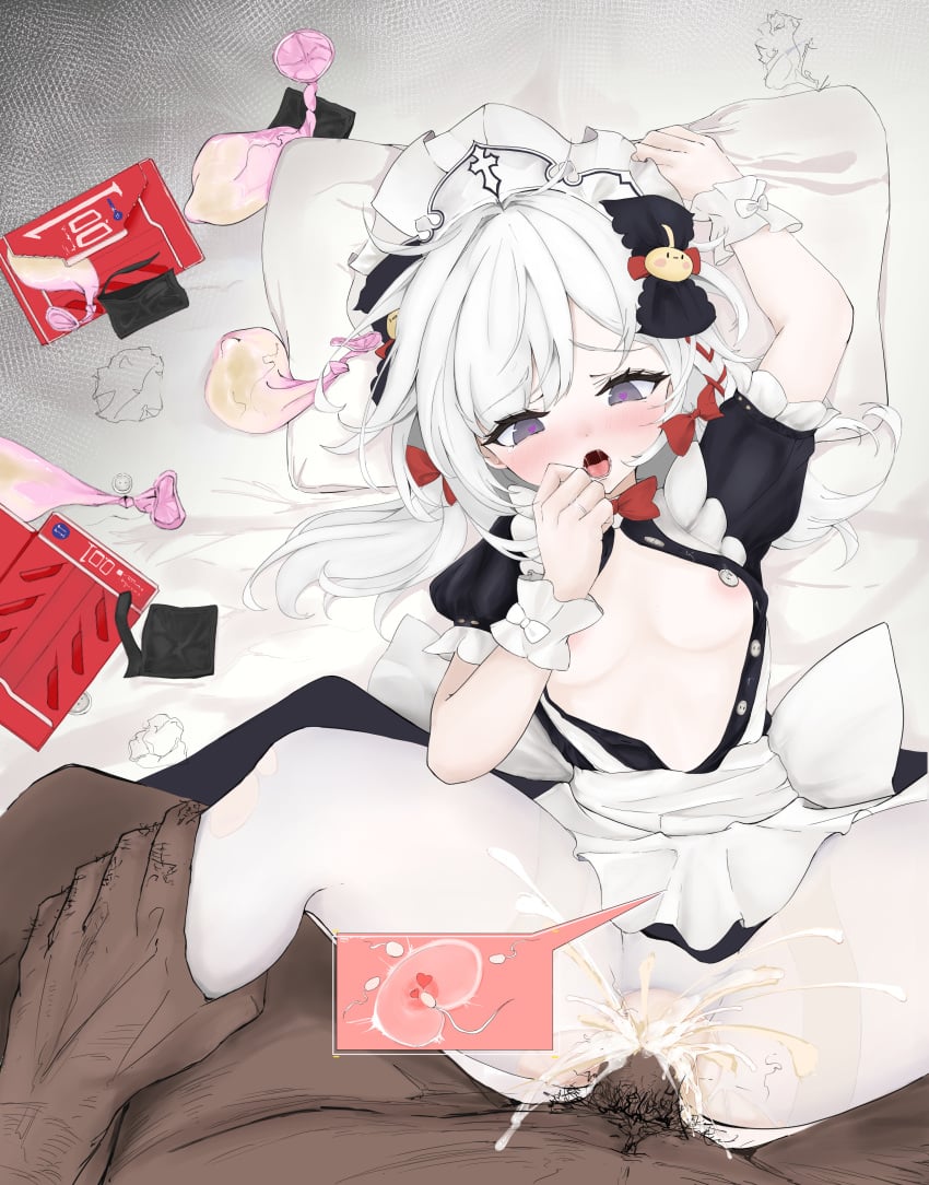 1boy 1girls azur_lane bed_sheet blush breasts condoms cum cum_in_pussy cum_inside dark-skinned_male dark_skin fertilization filled_condoms flandre_(azur_lane) grey_eyes headdress heart-shaped_pupils impregnation interracial light-skinned_female light_skin maid maid_headdress male_pov male_pubic_hair moaning nose_blush on_bed open_mouth opened_condom_wrapper pantyhose penetration penis pillow pink_condoms pov pubic_hair ripped_clothing ripped_pantyhose sex sikosapi skirt small_breasts sperm_cell symbol-shaped_pupils torn_clothes torn_clothing torn_pantyhose used_condoms vaginal_penetration vichya_dominion_(azur_lane) white_bed_sheet white_hair white_pillow