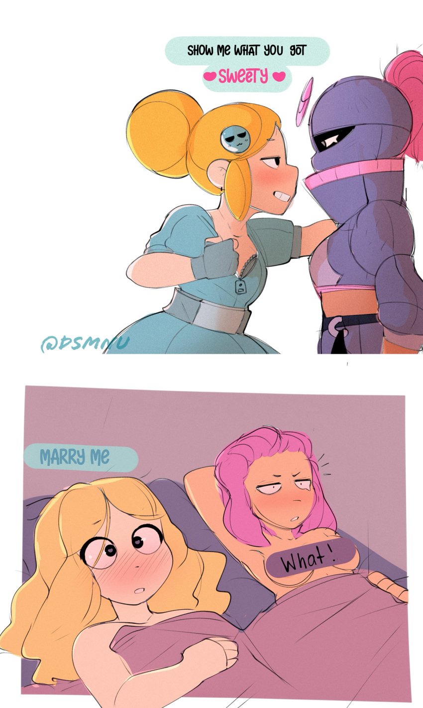 2girls after_sex bed brawl_stars dsmnup female female_only implied_sex instant_loss instant_loss_2koma pink_hair piper_(brawl_stars) supercell tagme tara_(brawl_stars) wholesome yellow_hair yuri