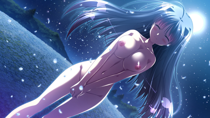 areolae black_hair blush breast_squeeze breasts closed_eyes covering covering_crotch dutch_angle female field flower flower_field full_moon game_cg glowing long_hair minori moon natsuzora_no_perseus navel night nipples nude outdoors petals shouna_mitsuishi solo tohno_ren yuzuna_hiyo