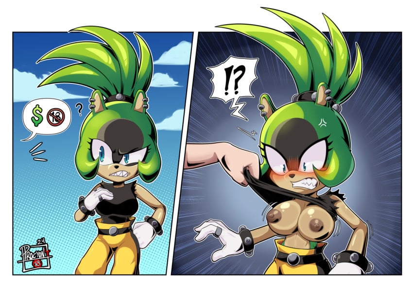 1female 1girls 2koma angry angry_face anthro big_breasts blue_eyes blush breasts breasts_out comic comic_commission comic_page comic_panel dubious_consent female forced forced_exposure forced_presentation green_hair huge_breasts hyper_breasts idw_comics instant loss mobian_(species) money nipples nude_female panels piercing procyon't prostitution punk punk_girl sega shocked_expression shortstack sonic_(series) sonic_the_hedgehog_(comics) sonic_the_hedgehog_(idw) sonic_the_hedgehog_(series) surge surge_the_tenrec text text_box text_bubble