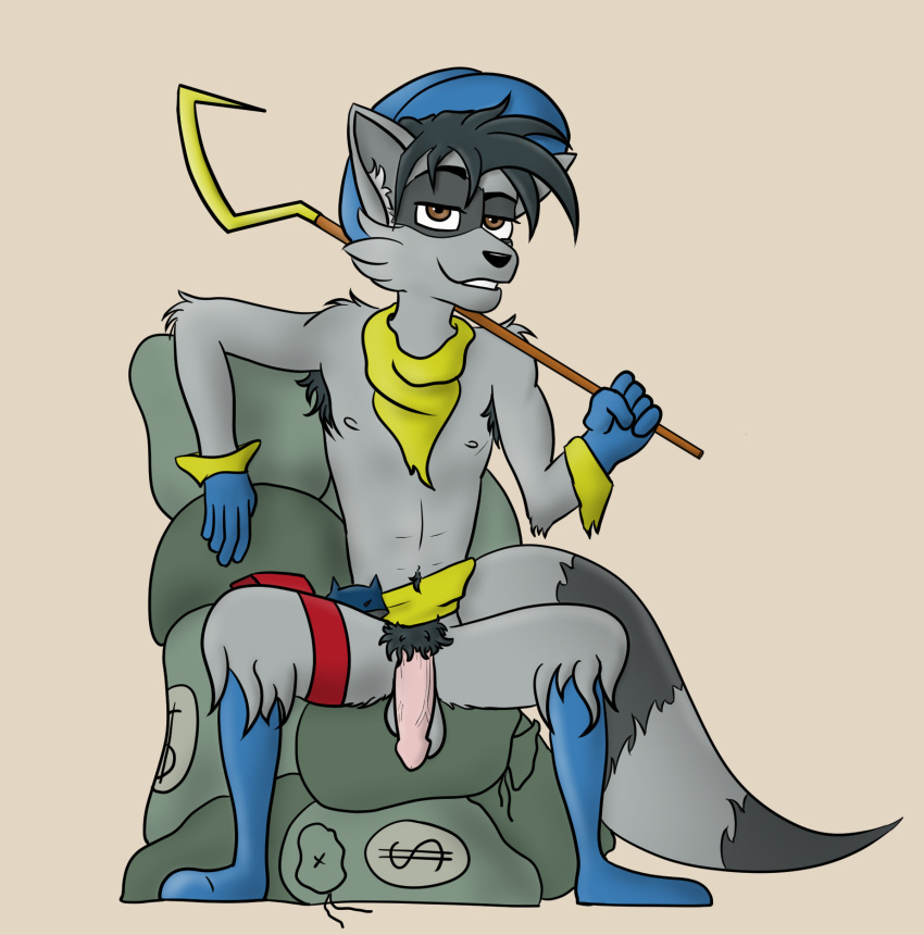 anthro anthro_only armpit_hair bandana belt body_hair flaccid genitals heist hi_res kerchief male mammal money money_bag monochrome neckerchief penis procyonid pubes raccoon sceptre sly sly_cooper sly_cooper_(series) smile smirk solo sony_corporation sony_interactive_entertainment sucker_punch_productions willitfit