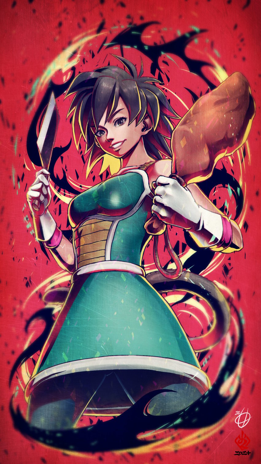 absurdres black_eyes black_hair dragon_ball dragon_ball_super dragon_ball_super_broly female food gine gloves highres holding holding_knife kanchiyo knife looking_at_viewer meat monkey_tail red_background saiyan saiyan_armor signature smile solo tail white_gloves