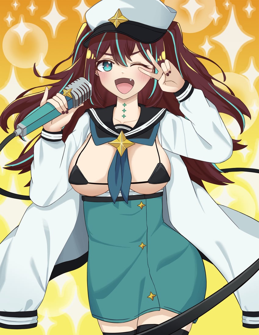 akoya_matama bikini bikini_top breasts hat large_breasts loco_musica mahou_shoujo_ni_akogarete microphone military_hat open_clothes singing tina_(tina030)