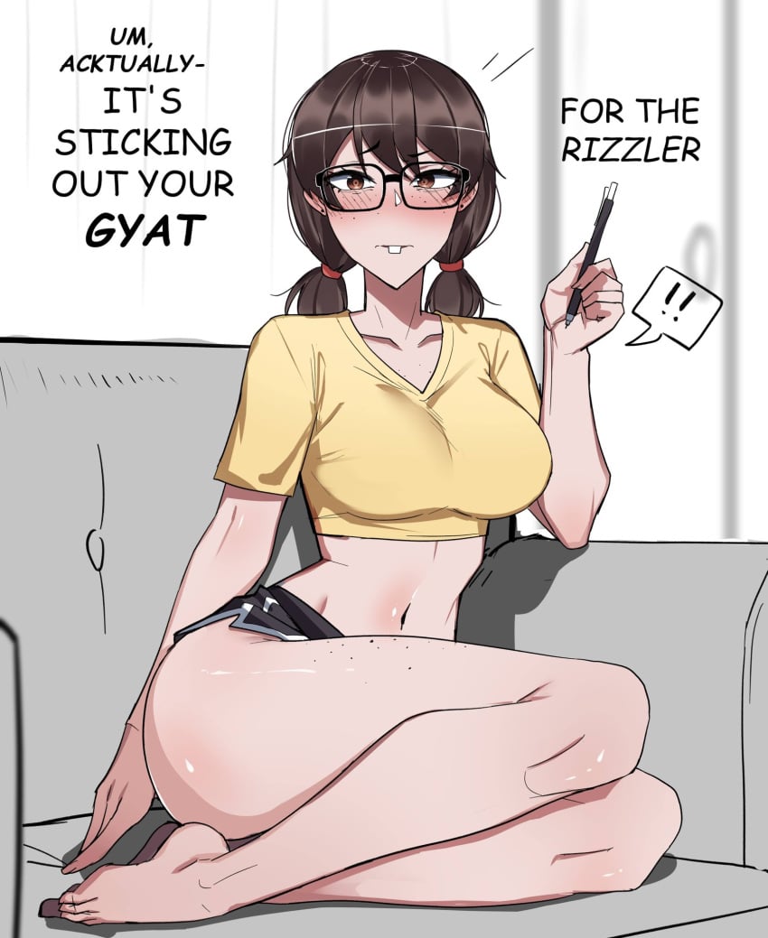 1girls ass brainrot brown_eyes brown_hair buckteeth english_text female female_only freckles glasses looking_at_viewer midriff nerd nerd_emoji nerdy_female original solo stephanie_(ti_keep) text thighs ti_keep wide_hips