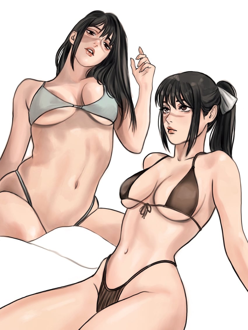 1girls belly_button big_breasts bikini black_hair breast_squeeze curvy face_scar female female_only good_artwork hair_ribbon imeko_san jujutsu_kaisen long_hair looking_at_viewer scar slim_waist solo thick_thighs tied_hair underwear utahime_iori wide_hips