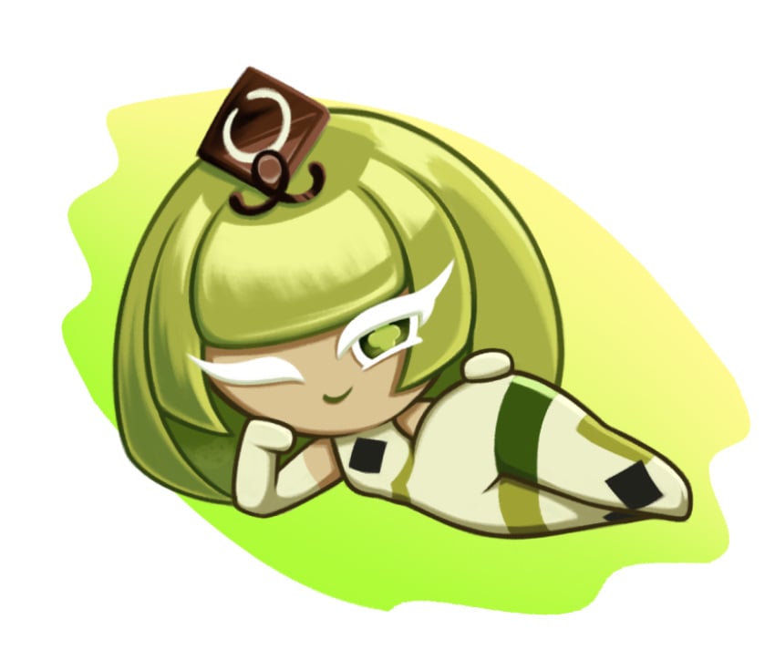 accurate_art_style cookie_run cookie_run_kingdom curvy curvy_body curvy_female curvy_figure curvy_hips devsisters green_eyes green_hair green_tea_mousse_cookie hand_on_hip long_hair lying_on_side one_eye_closed smile smiling soff_doll tagme wide_hips