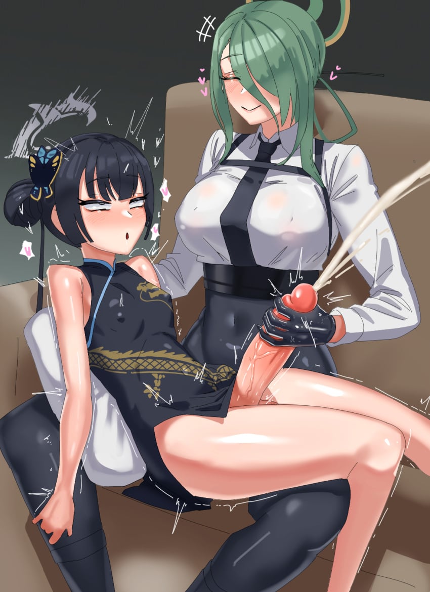 1futa 1girls bare_arms black_dress black_gloves black_hair black_necktie black_pants blue_archive bottomless breasts butterfly_hair_ornament china_dress chinese_clothes closed_eyes closed_mouth clothed clothing covered_nipples cum dragon_print dress duo ejaculation erection female futa_on_female futa_with_female futanari genryumon_(blue_archive) gloved_handjob gloves green_hair grey_eyes grey_halo hair_bun hair_ornament hair_over_one_eye halo handjob heart highres huge_cock human kisaki_(blue_archive) large_breasts larger_female light-skinned_female light-skinned_futanari light_skin long_hair long_sleeves mina_(blue_archive) multiple_girls necktie orgasm pants partially_clothed penis projectile_cum rolling_eyes rominas shanhaijing_secondary_school_student shirt short_hair sitting size_difference sleeveless sleeveless_dress smaller_futanari smile super_masara_ahegao uncensored veins veiny_penis white_shirt