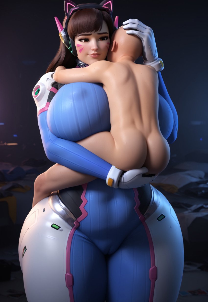 3d ai_generated bodysuit brown_hair carrying clothed_female_nude_male d.va hana_song hug huge_breasts long_hair male/female nude_male skin_tight thick_thighs