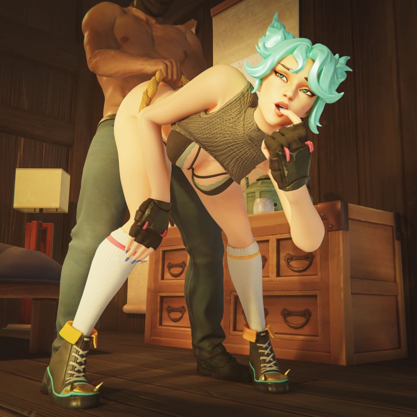 1boy 1girls 3d 3d_(artwork) doggy_style finger_in_mouth fingerless_gloves fortnite jade_(fortnite) lace-trimmed_bra lace_bra light-skinned_female sex_from_behind shirt_up standing standing_sex twintails