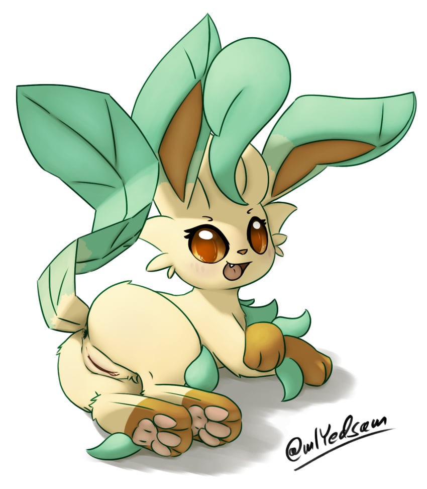 anus ass brown_body brown_eyes brown_fur cheek_tuft clitoris eeveelution facial_tuft fangs female feral fur generation_4_pokemon genitals green_body green_fur hi_res leafeon leg_markings looking_at_viewer looking_back looking_back_at_viewer markings miyedsam nintendo pawpads paws pink_pawpads pokemon pokemon_(species) pokemon_only presenting presenting_anus presenting_hindquarters presenting_pussy pussy raised_tail smile socks_(marking) solo tail tan_body tan_fur teeth tuft