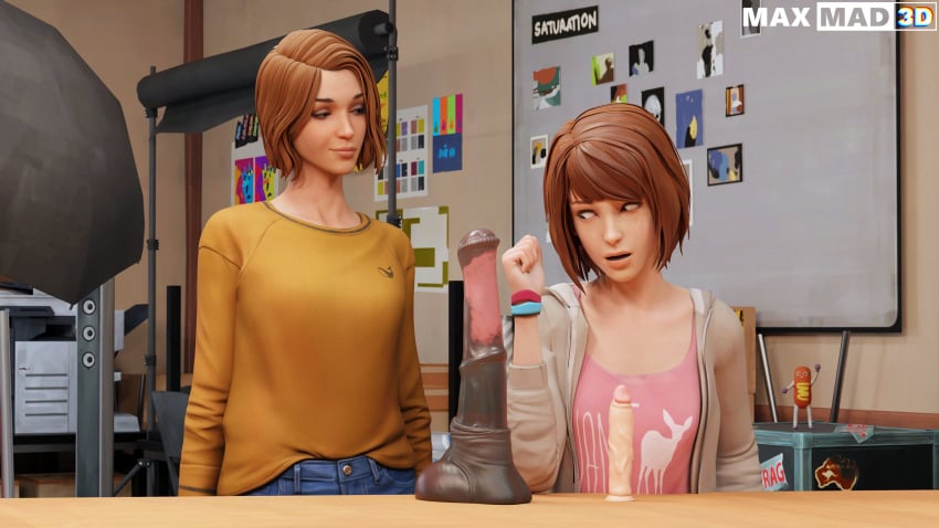 2girls 3d big_dildo blue_eyes brown_hair clothed comparing_to_arm dildo female female_only freckles horse_dildo impressed life_is_strange life_is_strange:_double_exposure looking_at_another max_caulfield max_caulfield_(double_exposure) maxmadsfm shocked size_comparison small_dildo smile smirk