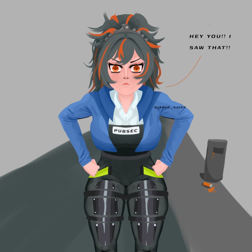 angry_expression angry_face big_ass big_breasts clothed clothes curvy_female curvy_figure dialogue fanart female jadedkat69 police_uniform policewoman street text uniform zenless_zone_zero zhu_yuan