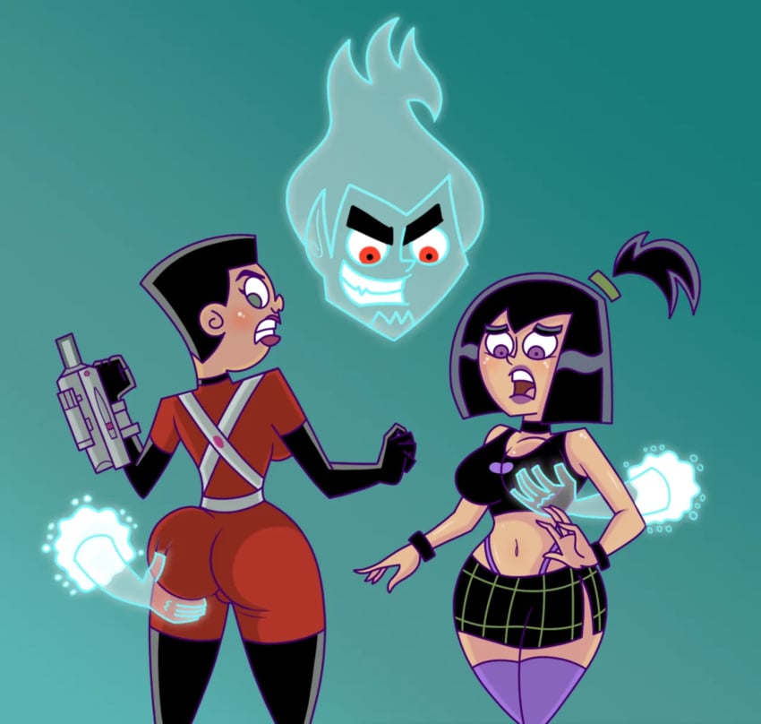 1boy 2girls big_butt big_penis black_female black_hair danny_phantom darkdpx3 ghost gothic_girl green_eyes hand_on_breast hand_on_butt nickelodeon nicktoons red_clothing red_eyes sam_manson simple_background valerie_gray