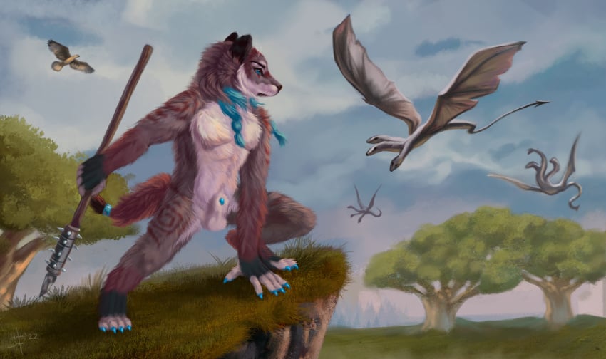 2022 ambiguous_gender animal_genitalia anthro avian balls bear bird casual_nudity claws digital_drawing_(artwork) digital_media_(artwork) digitigrade dragon elvor_(murnakia) european_mythology feral flying genitals grass greek_mythology group hi_res hybrid hydra landscape lipsticking male mammal melee_weapon mustelid mythological_creature mythological_scalie mythology nude otter paws penis penis_tip plant polearm scalie scar sheath signature solarflare02 solo_focus spear tail tree weapon whiskers