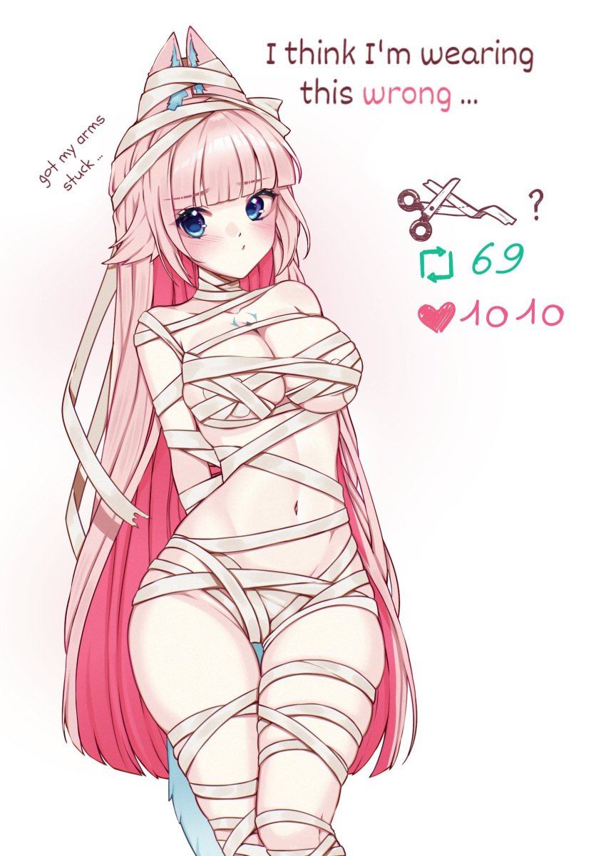 1girls animal_ears blue_eyes blush breasts english_text female female_only fox_ears fox_girl fox_tail huge_breasts indie_virtual_youtuber light-skinned_female light_skin like_and_retweet like_icon mummy_costume mummy_wrappings pink_hair restrained retweet_icon shee_kiyomi sheekiart solo tail text virtual_youtuber wrapped wrappings