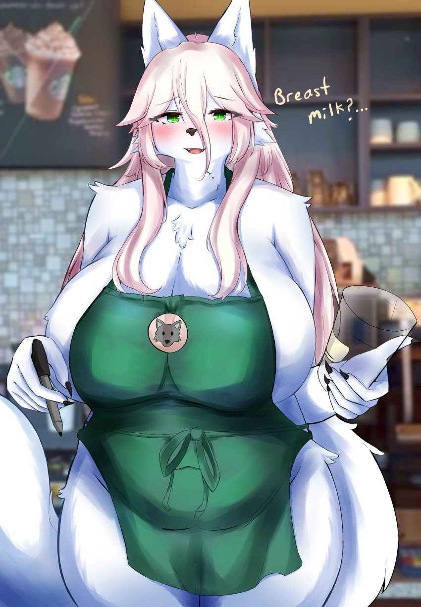 absurd_res anthro apron apron_only arctic_wolf blush breasts canid canine canis chest_tuft cleavage clothed clothing container cup dialogue english_text female female_anthro fur green_apron green_clothing hair hi_res holding_container holding_cup holding_object holding_pen i_mean_breast_milk iced_latte_with_breast_milk kemono kyuukon mammal meme mostly_nude pen pink_hair solo text tuft white_body white_fur wolf