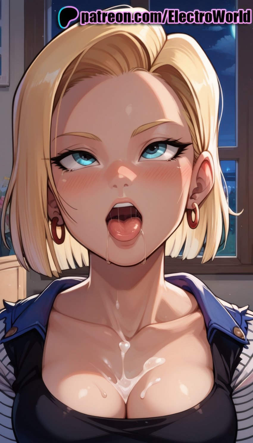 1girls after_fellatio after_oral after_sex ai_generated android_18 blonde_hair blush breasts clavicle cumshot curvaceous curvy curvy_body curvy_female dragon_ball dragon_ball_super dragon_ball_z electroworld eyelashes facial female female female_only highres lips open_mouth rolling_eyes saliva seductive seductive_look seductive_pose semen semen_in_mouth semen_on_body semen_on_breasts semen_on_hair semen_on_tongue shiny_skin simple_background solo sperm teeth tongue uncensored voluptuous voluptuous_female