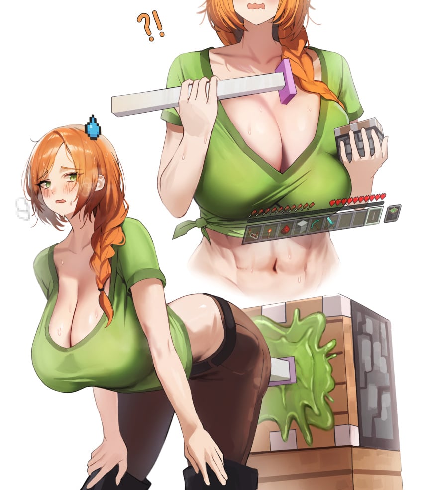 1girls 2024 abs alex_(minecraft) big_breasts dotthebot ginger ginger_hair hi_res masturbating masturbation midriff minecraft piston_(minecraft) sex_toy simple_background solo standing vaginal_penetration