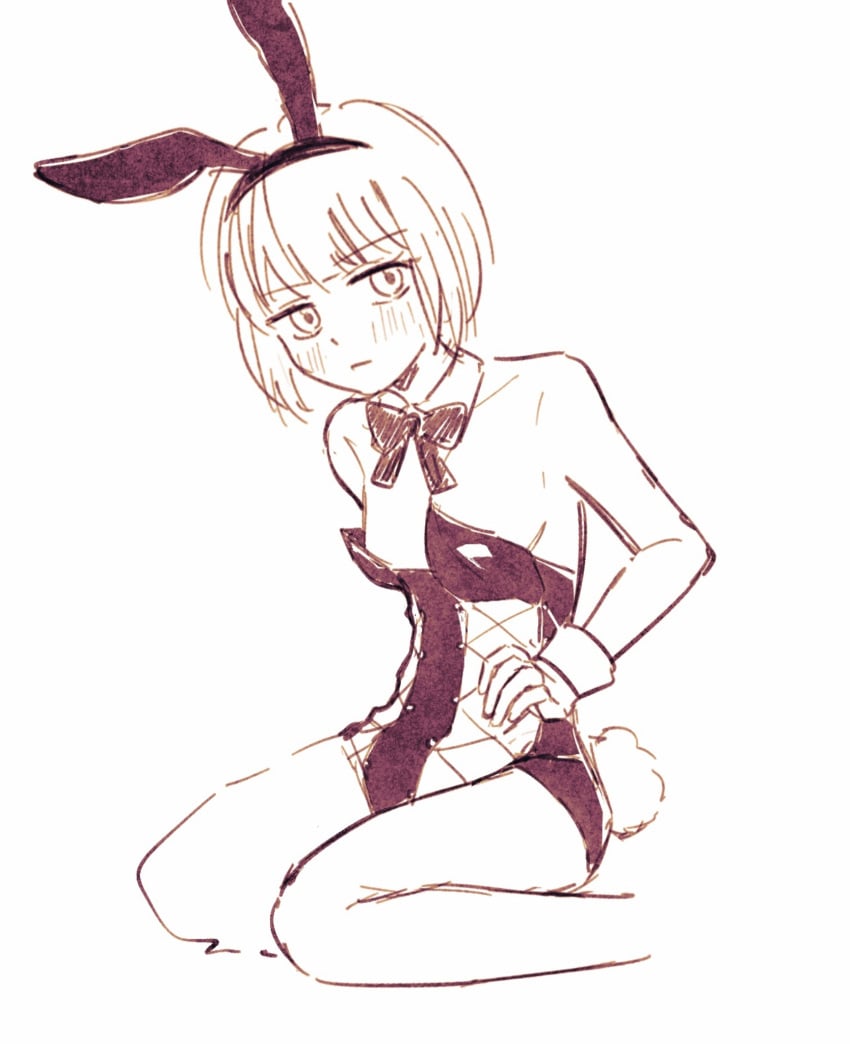 aged_down alternate_costume blush bob_cut bowtie bunny_ears bunny_girl bunny_tail bunnysuit detached_collar female female_only full_body gintama monochrome mutsu_(gintama) official_alternate_hairstyle short_hair sitting sketch small_breasts solo suriran