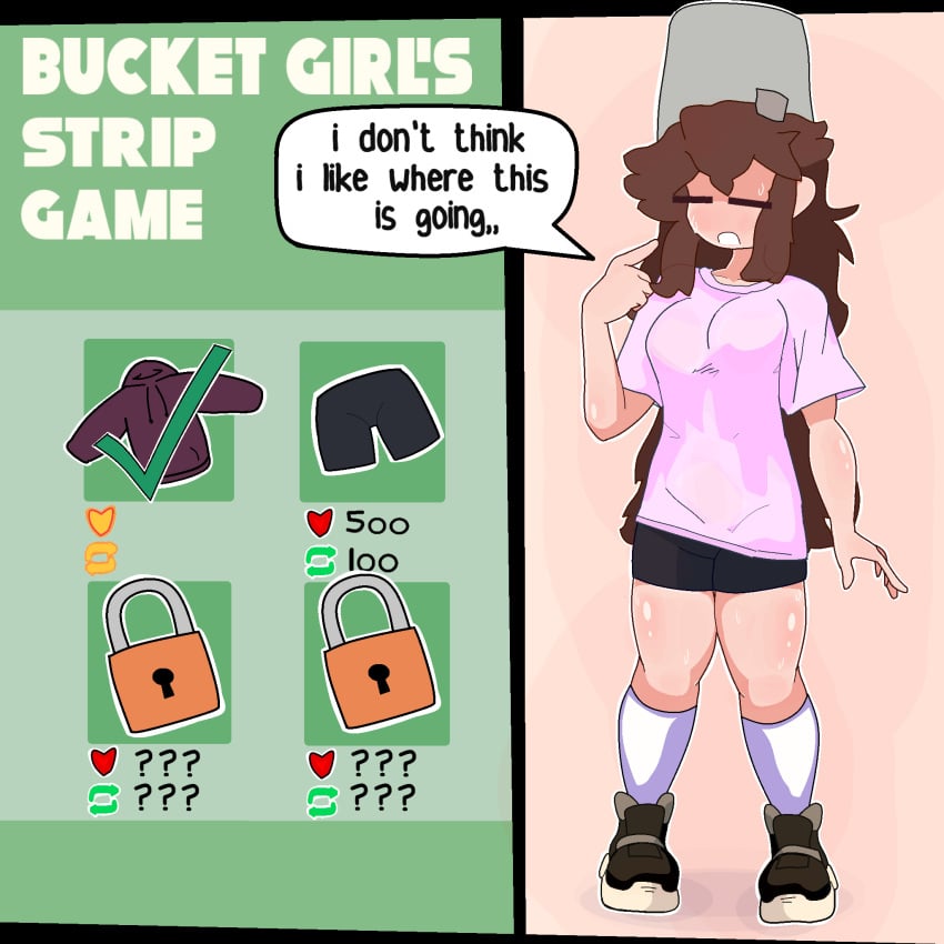 brown_hair bucket_girl_(thecoo1estslime) bucket_hat long_hair original original_character strip_game t-shirt thecoo1estslime thick_thighs