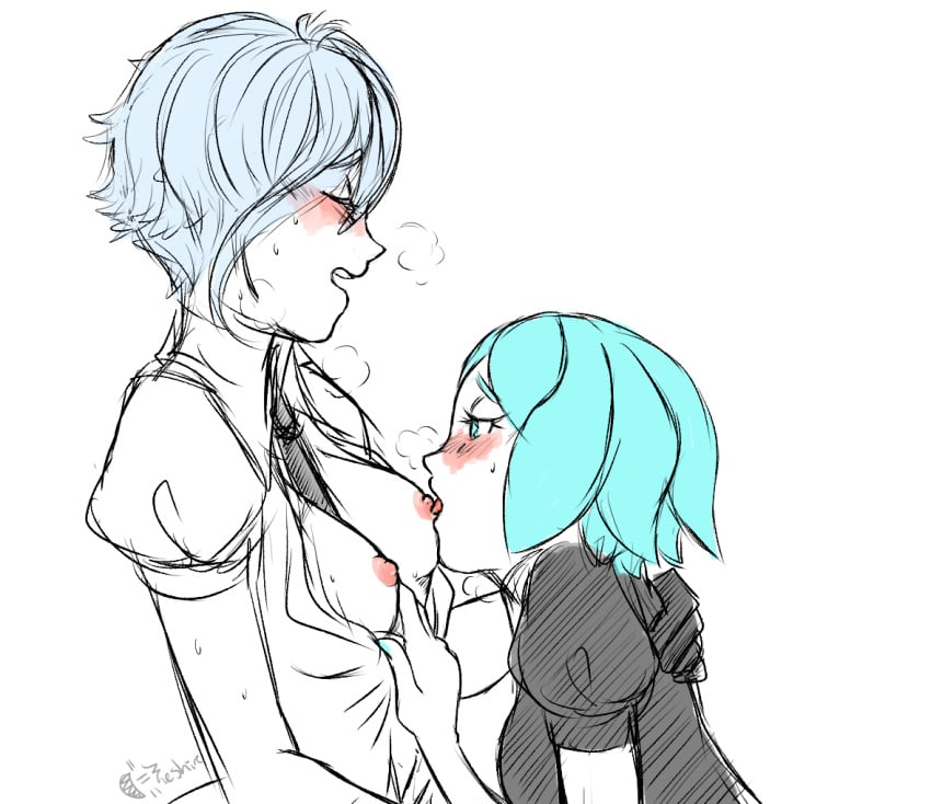 antarcticite_(land_of_the_lustrous) breasts breasts_out clothed dressed gem half-dressed houseki_no_kuni land_of_the_lustrous lesbian_sex medium_breasts phosphophyllite sucking sucking_nipples yuri