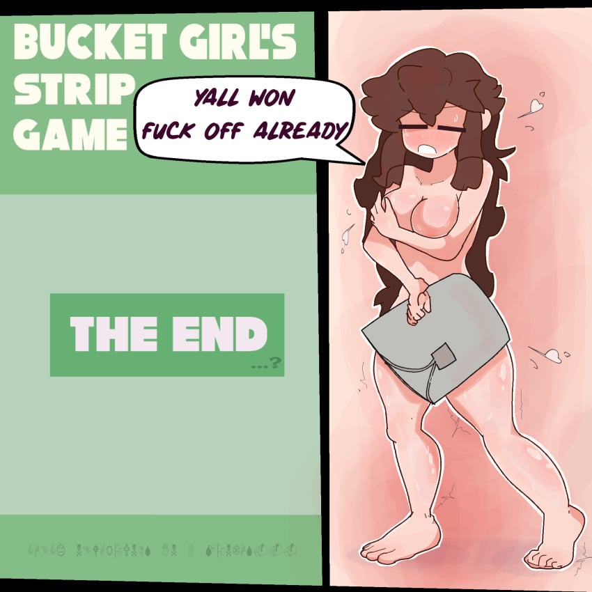 1girls brown_hair bucket_girl_(thecoo1estslime) bucket_hat covering_breasts covering_crotch feet long_hair medium_breasts naked_female original original_character simple_background strip_game sweat thecoo1estslime thighs