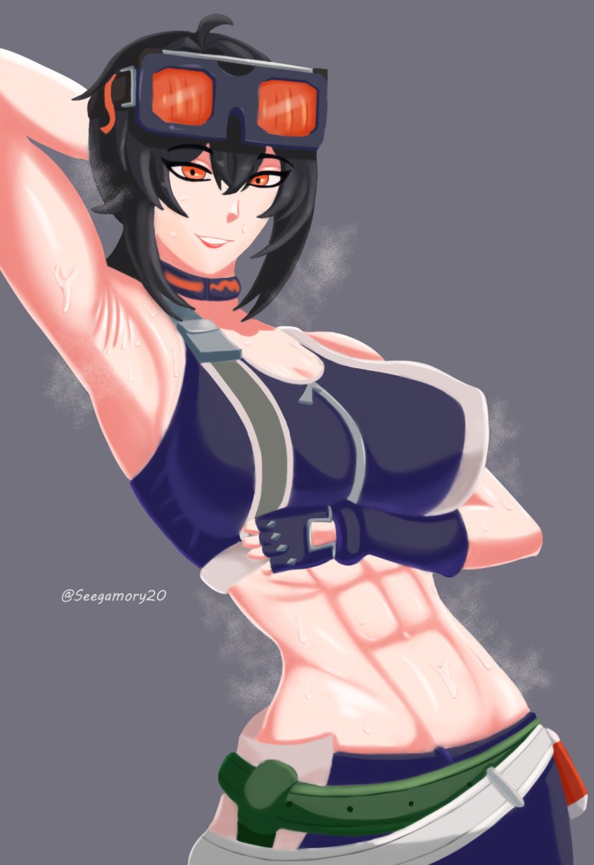 armpits belobog_heavy_industries belt black_gloves black_hair blush breasts crop_top female female_only gloves goggles goggles_on_head grace_howard hair_between_eyes large_breasts long_hair mihoyo muscular muscular_female navel orange_eyes ponytail short_ponytail stomach strong_woman sweat sweaty_armpits zenless_zone_zero